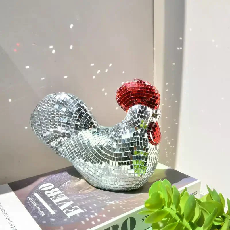 Disco Ball Mirror Rooster Sculpture | Home Decor & Party Ornament