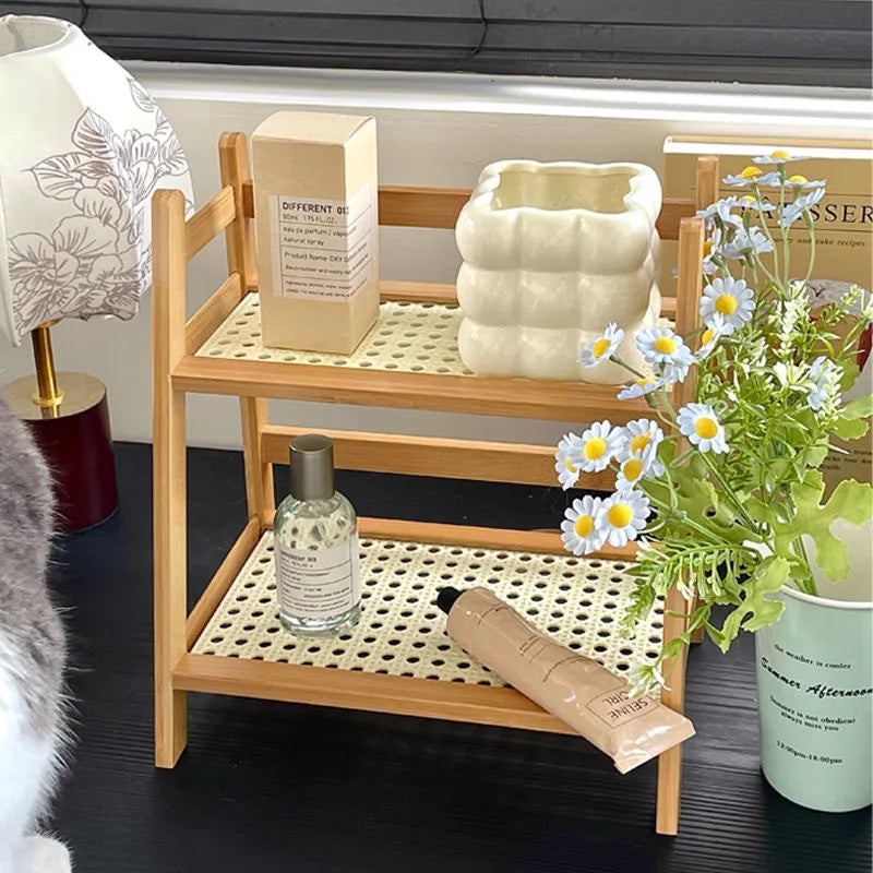 Antique Rattan Cream Double Desktop Shelf Dormitory Bedroom Office