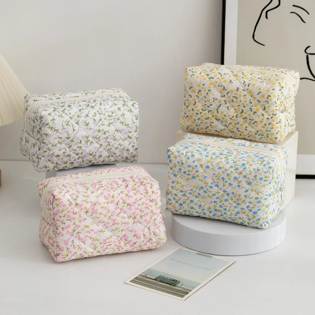 Floral Puffy Quilted Large Makeup Bag Travel Cosmetic Pouch Flower