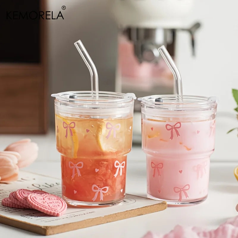 KEMORELA 380ml Pink Bow Glass Cup with Lid & Glass Straw
