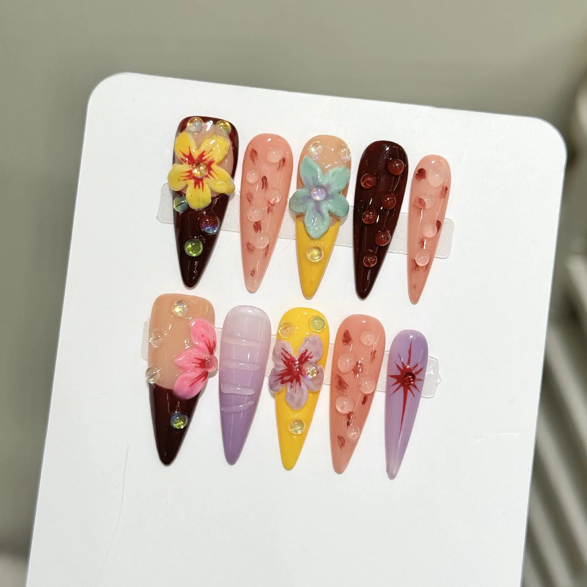 3D Carved Flower Press-On Nails | Long Almond False Nail Set
