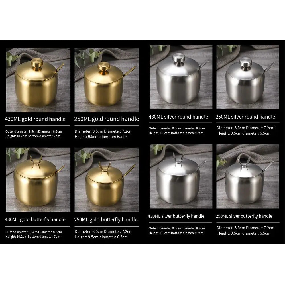 Stainless Steel Sugar Bowl with Lid & Spoon | Gold & Silver