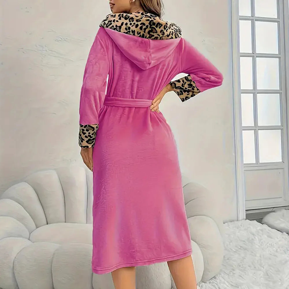 Women's Flannel Hooded Bathrobe – Leopard Kimono Robe & Belt