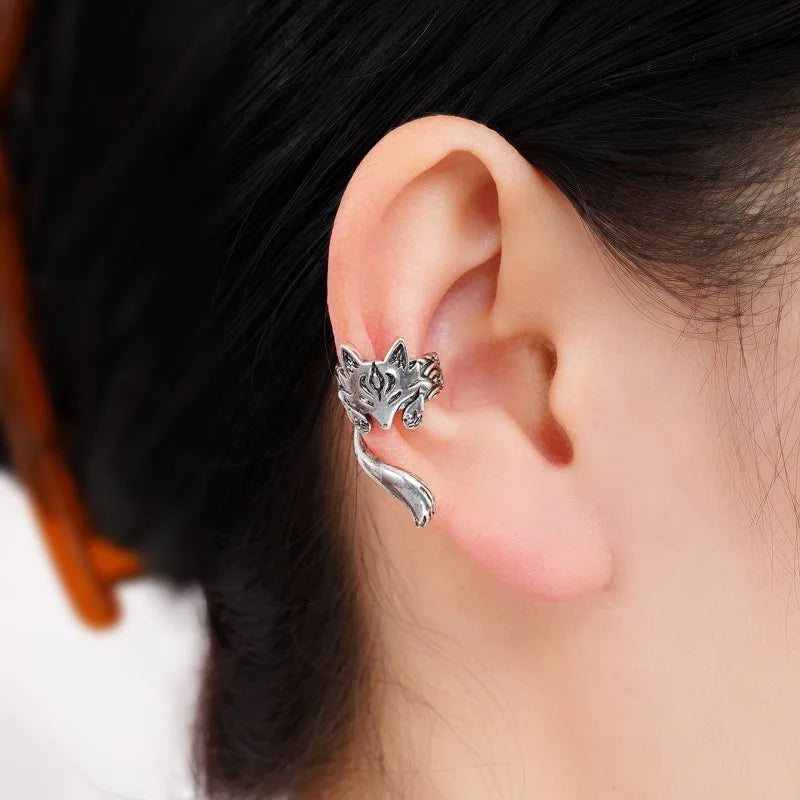Huitan Vintage Fox Ear Cuff Clip Earrings – Antique Silver Women