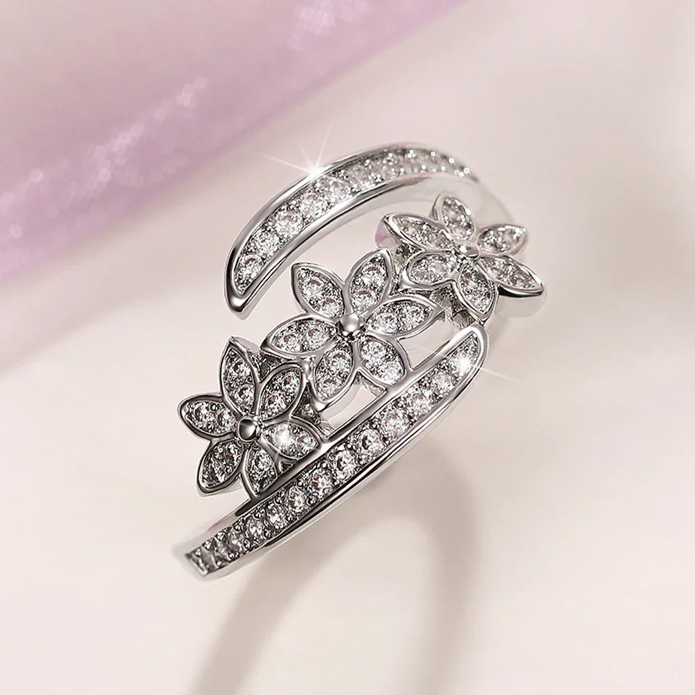 Huitan Silver Flower Adjustable Ring | Cubic Zirconia Bridal