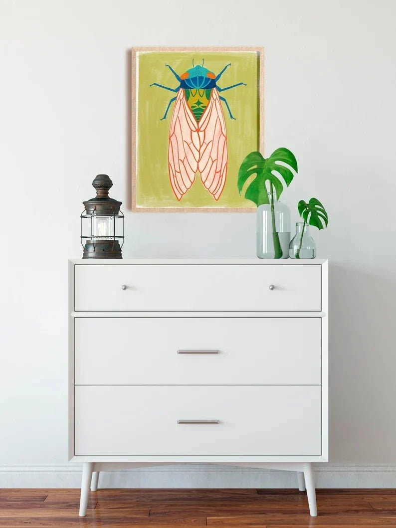 Modern Botanical Cicada Canvas Wall Art Print | Bug Poster