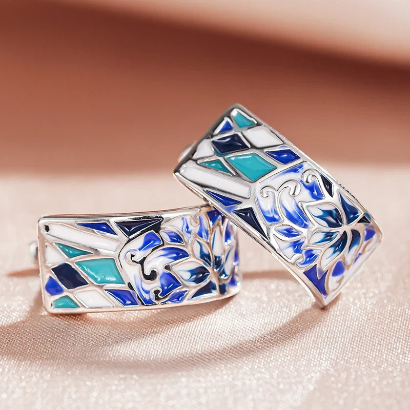 Huitan Blue Flower Hoop Earrings – Dainty Women's Jewelry