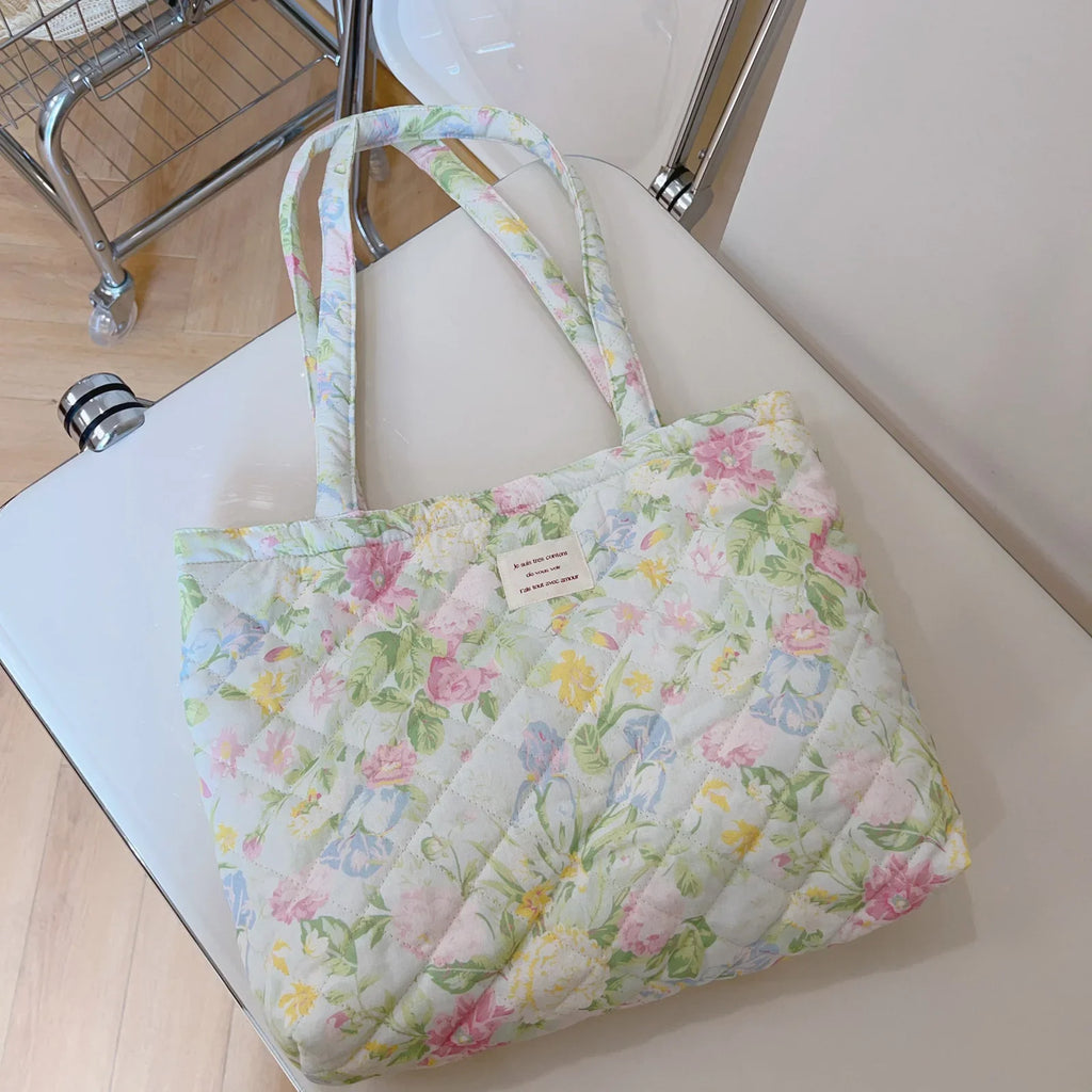 French Floral Quilted Tote Bag – Large Canvas Shoulder Handbag