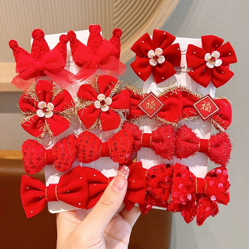 8-Piece Girls Red Bow Hair Clips – Handmade Ribbon Barrettes