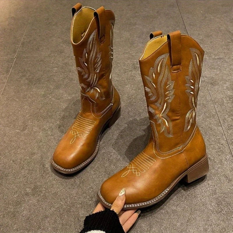 Women's Mid-Calf Embroidered Boots – Square Toe Block Heel