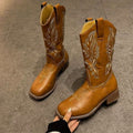 Women's Mid-Calf Embroidered Boots – Square Toe Block Heel