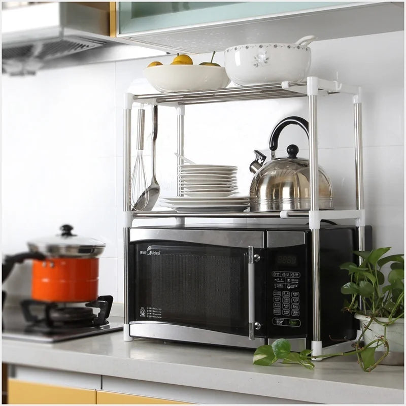 Adjustable Double-Tier Microwave Kitchen Shelf Storage Rack