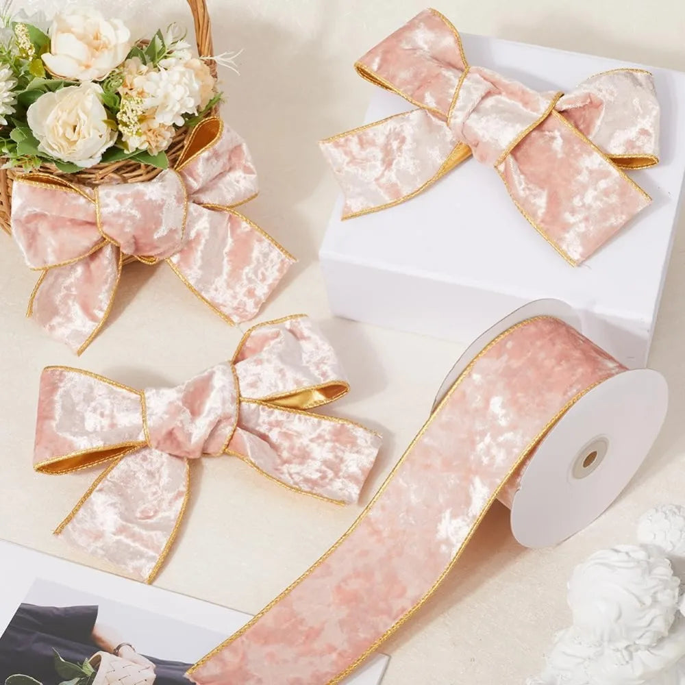 10 Yards Pink Velvet Wired Ribbon Gold Edge 2.5 Inch Bows