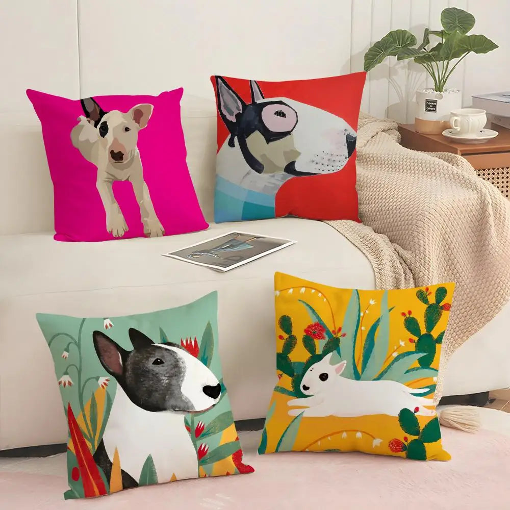 Cartoon Bull Terrier Linen Pillow Cover | Hidden Zipper