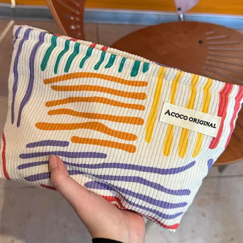 Colorful Stripes Corduroy Cosmetic Bag | Travel Toiletry Bag
