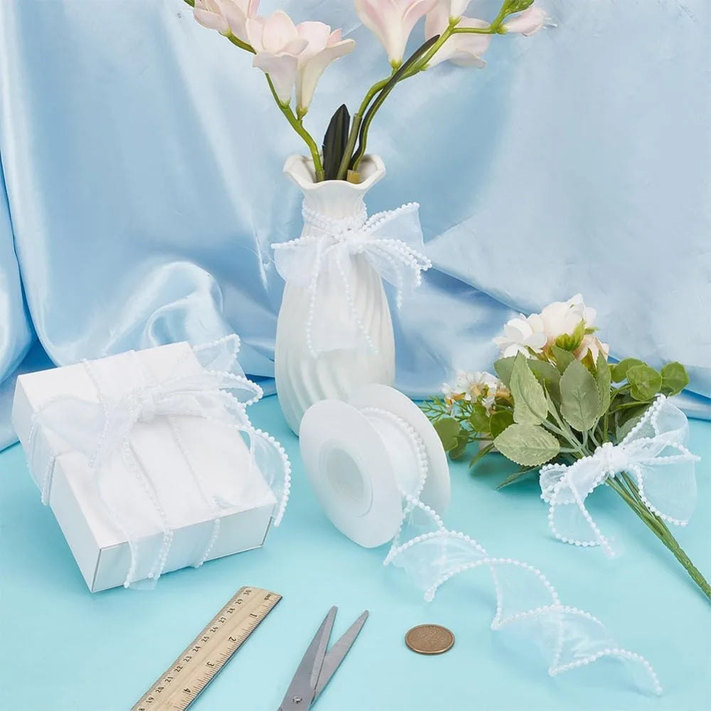 White Pearl Edge Sheer Wired Ribbon 40mm x 4.5m | Craft Ribbon