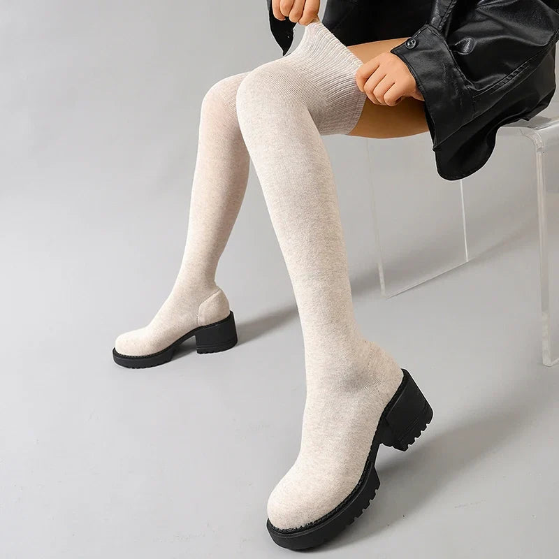 Women's Over-the-Knee Chunky Heel Stretch Knit Sock Boots