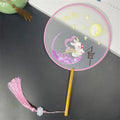 Round Double Sided Embroidery Fan Chinese Wooden Handle Pendant