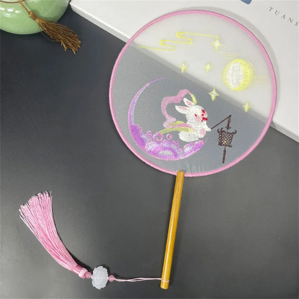 Round Double Sided Embroidery Fan Chinese Wooden Handle Pendant
