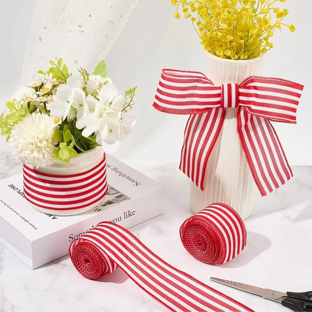 Red & White Striped Wired Ribbon 2" Wide – 10.94 Yards Total