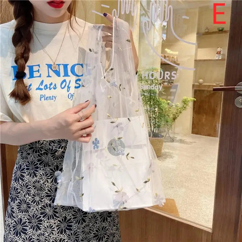 Mesh Embroidered Floral Tote Bag | Travel & Shopping Bag