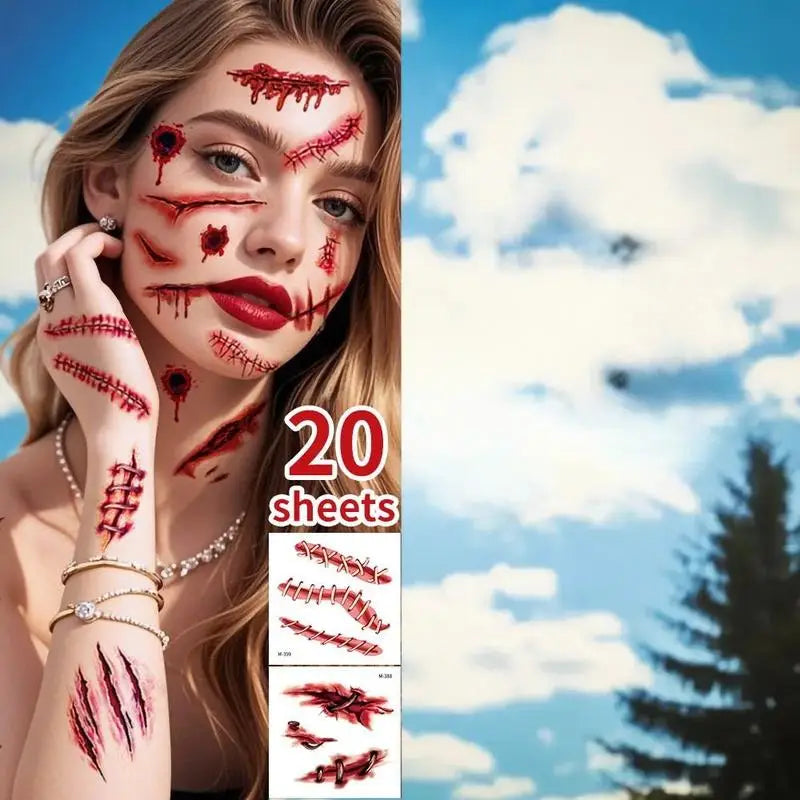 20 Sheets 3D Fake Scar Tattoos – Halloween Cosplay Body Stickers
