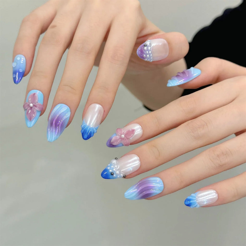 Aurora Press On Nails 3D Flower Glitter Pearl Almond Set 10pcs