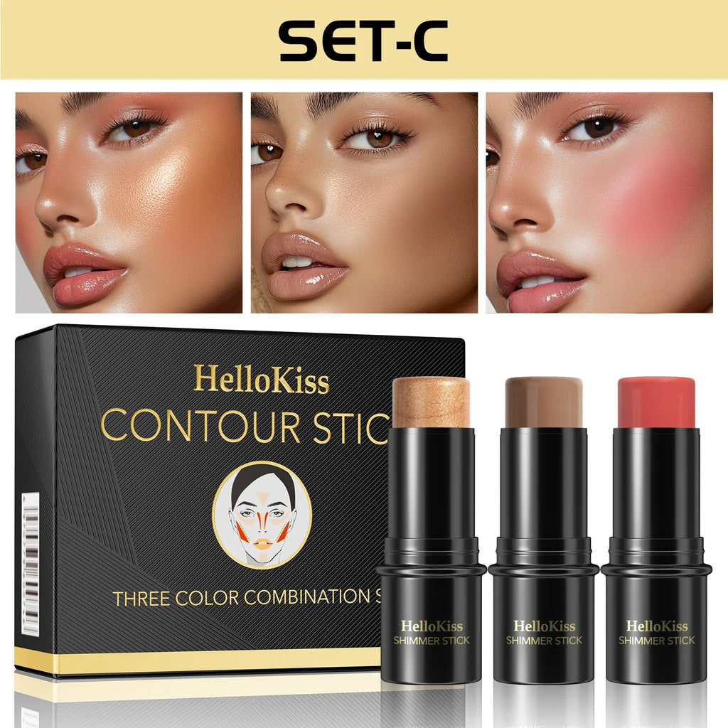 3-in-1 Cream Contour, Highlighter & Blush Stick Set with Brush