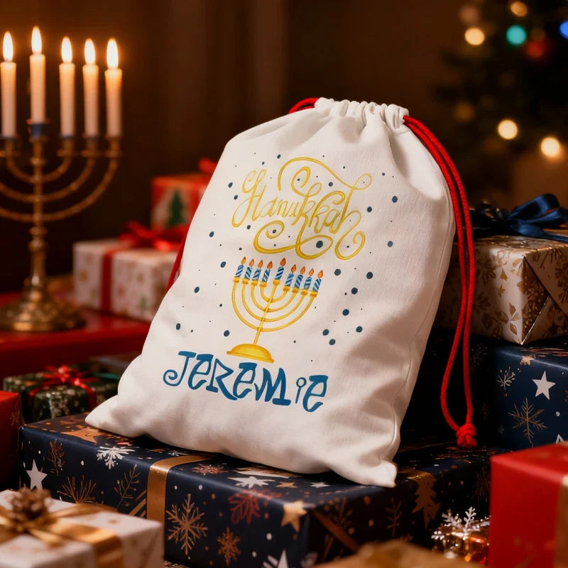 Personalized Hanukkah Drawstring Gift Bag | Gold Menorah Design