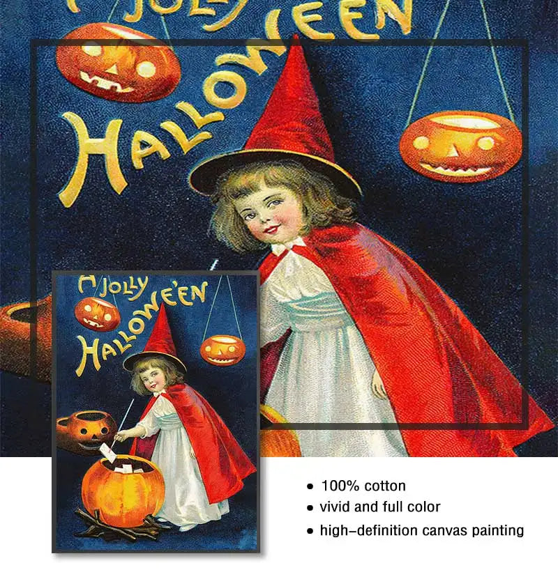 Retro Halloween Witch Pumpkin Canvas Wall Art Print | Unframed