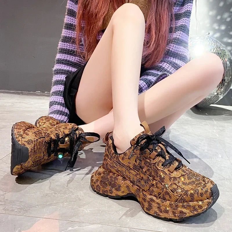 YEAE Women's Diamond Leopard Thick-Sole Sneakers | Lace-Up