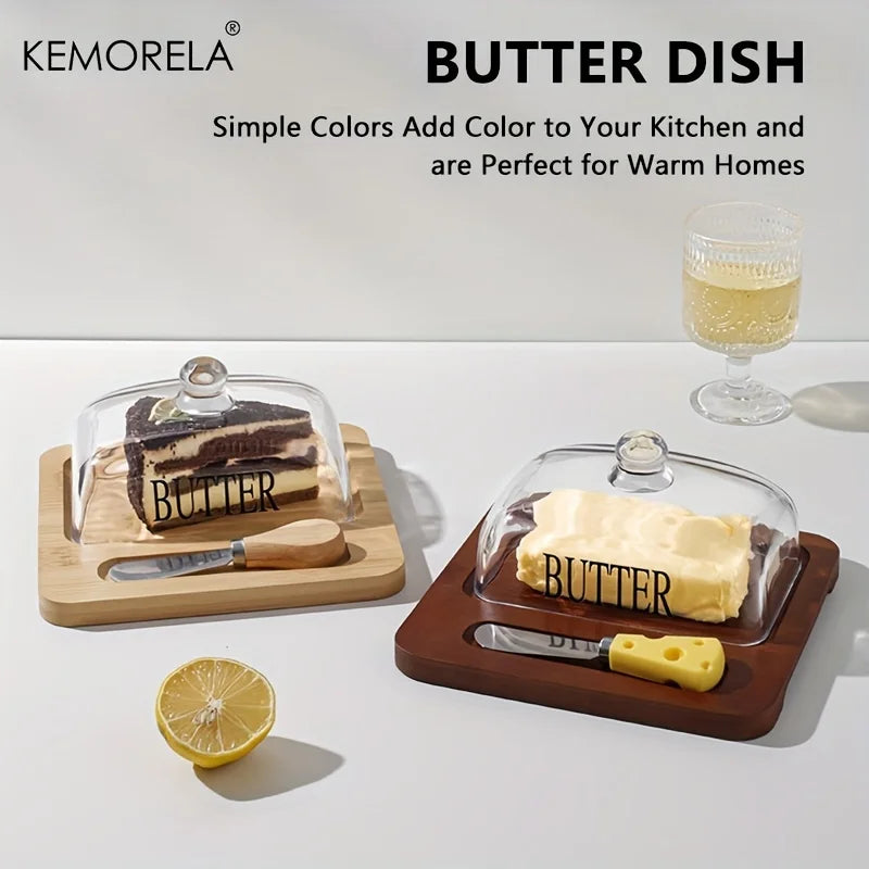 KEMORELA Wood Butter Dish with Glass Lid & Knife | Cheese Plate