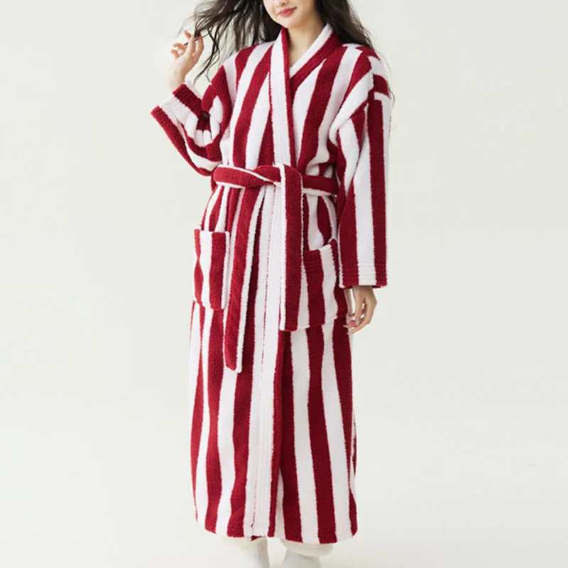 Women's Striped Velvet Bathrobe – Thick Flannel Lace-Up Robe