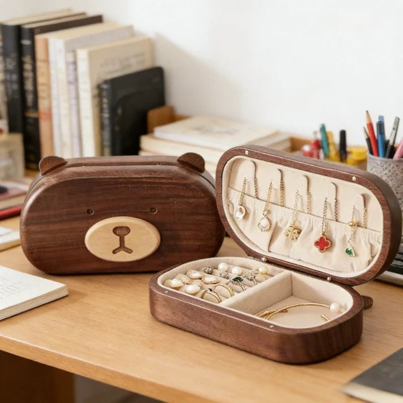 Solid Wood Bear Jewelry Box – Ring & Necklace Organizer