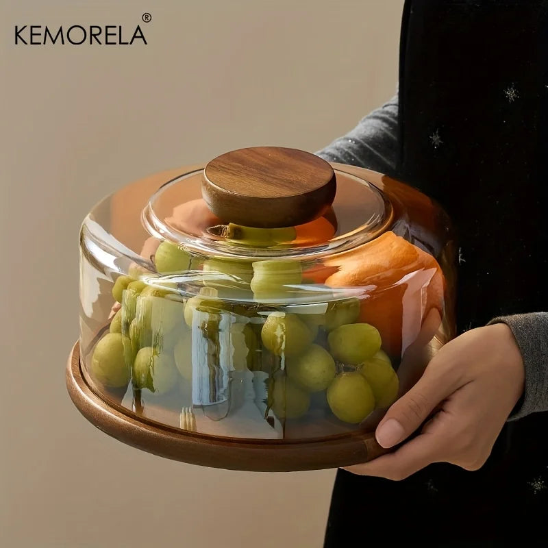 Round Wooden Cake Stand with Glass Dome Lid | KEMORELA