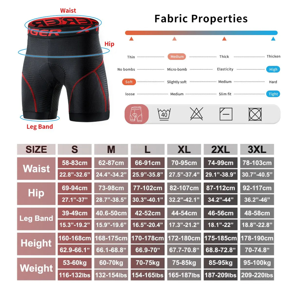 X-TIGER Men's Gel Pad MTB Cycling Shorts – Breathable Underwear
