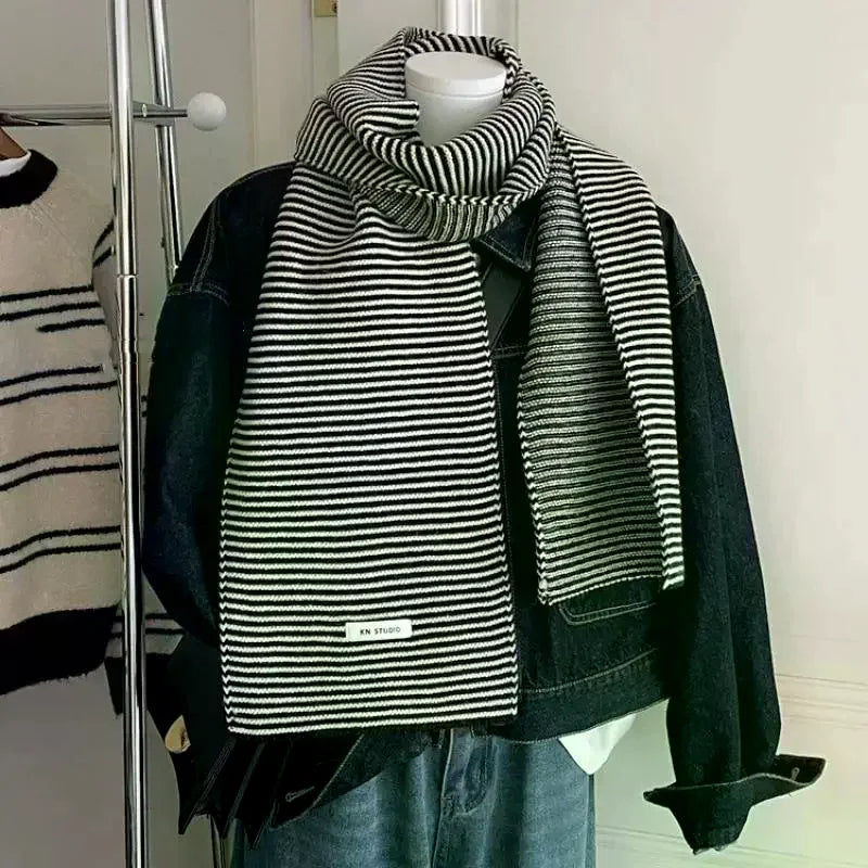 Black & White Striped Knit Scarf – Women's Winter Shawl Wrap