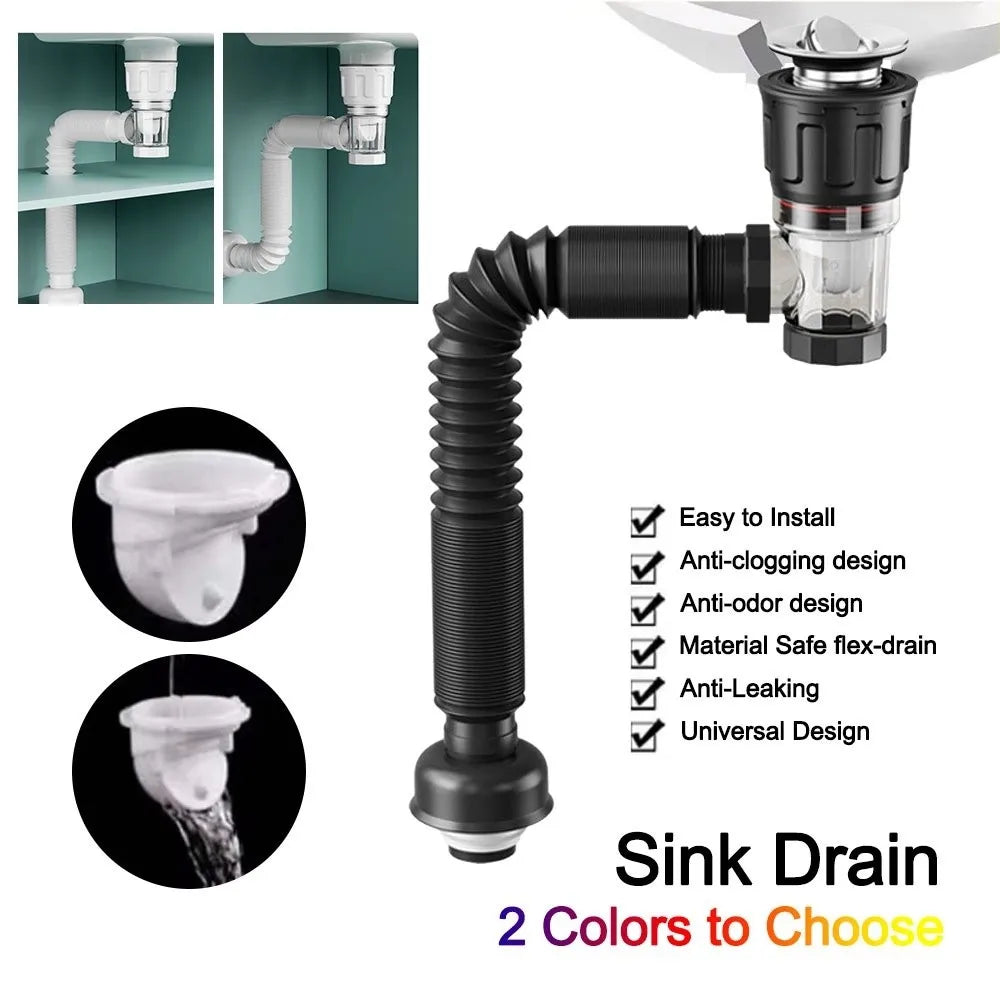 Retractable Flip Drain Pipe Stainless Steel Mesh Adjustable Length
