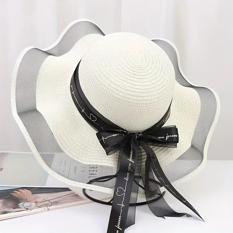 Elegant Wide Brim Sun Hat Bowknot UV Protection Breathable Straw