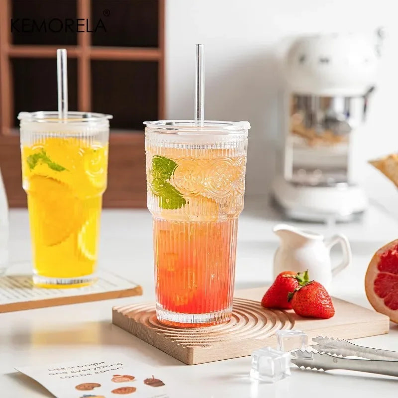 KEMORELA 600ml Floral Glass Tumblers with Lid & Straw | 1-2 Pack