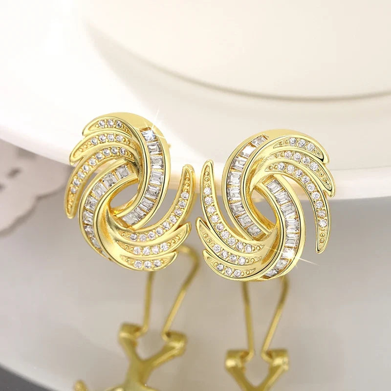 Huitan Gold Cubic Zirconia Stud Earrings | Geometric Fashion