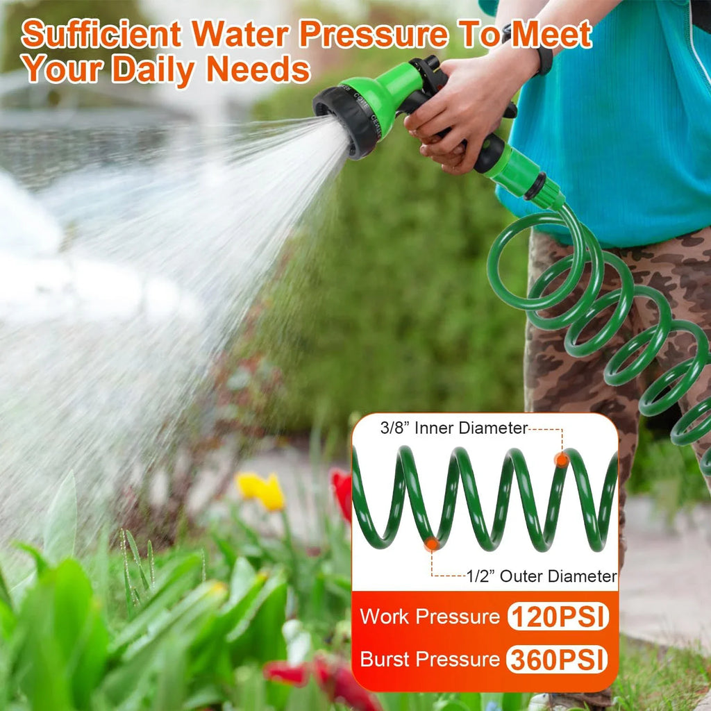 Garden Hose with 8-Pattern Nozzle Sprinkler – Spring Coil