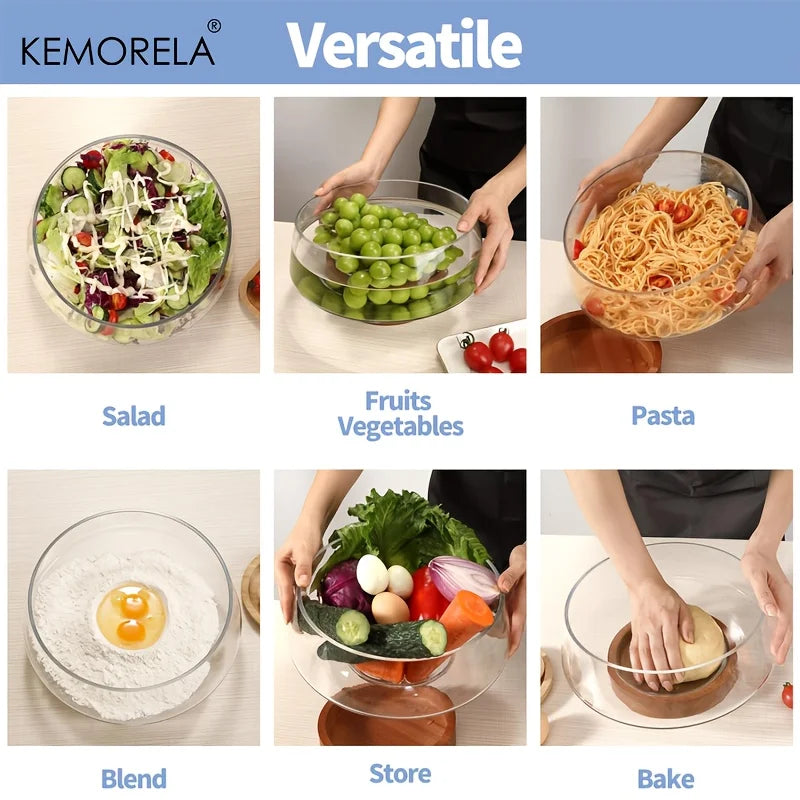 KEMORELA Hand-Blown Glass Salad Bowl Set with Wooden Base