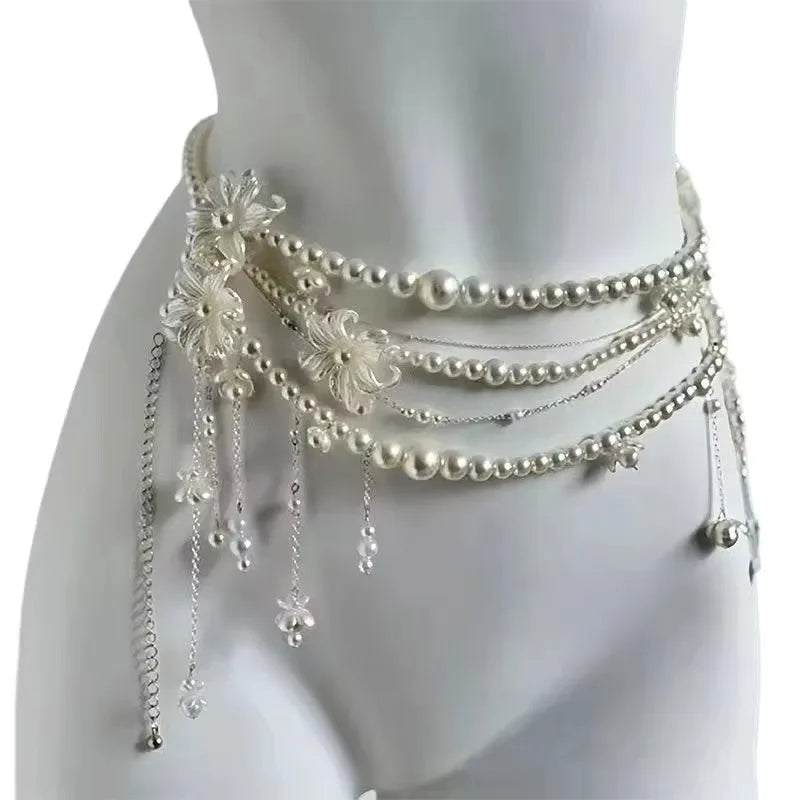 Multilayer Pearl Waist Chain Belt – Y2K Retro Women's Fashion