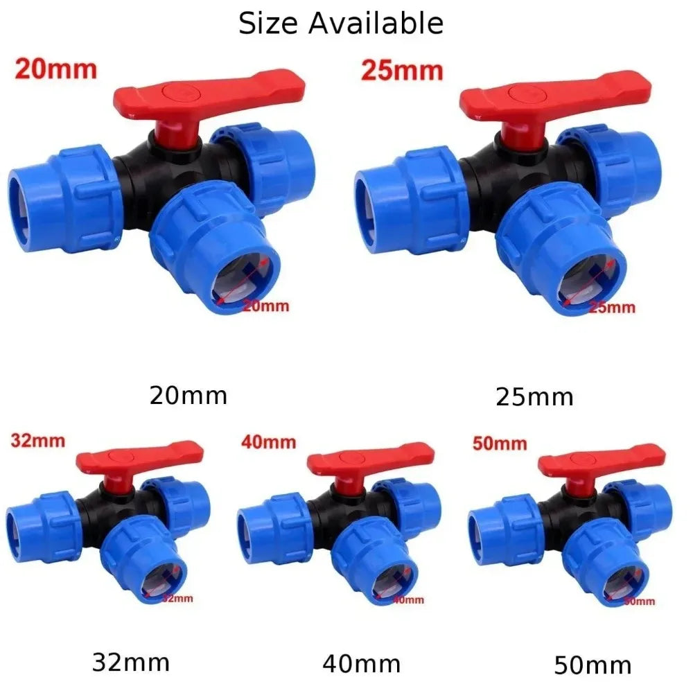 PE Pipe 3-Way Ball Valve 20–50mm | Plastic Quick Connect