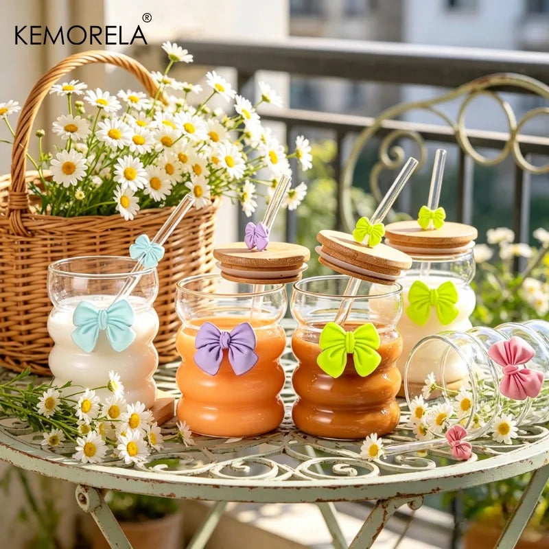 KEMORELA 300ml Butterfly Glass Cup with Lid & Straw