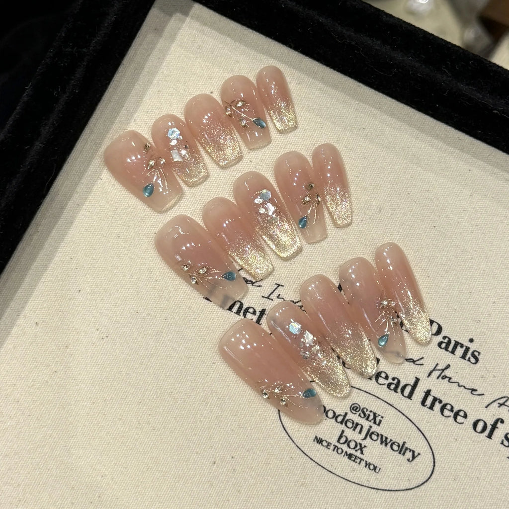 Handmade Press-On Nails Gradient Gold Cat Eye French Tips – 10pc