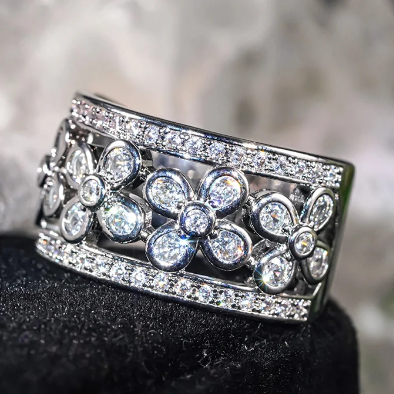 Huitan CZ Flower Ring for Women – Hollow Brass Wedding Band