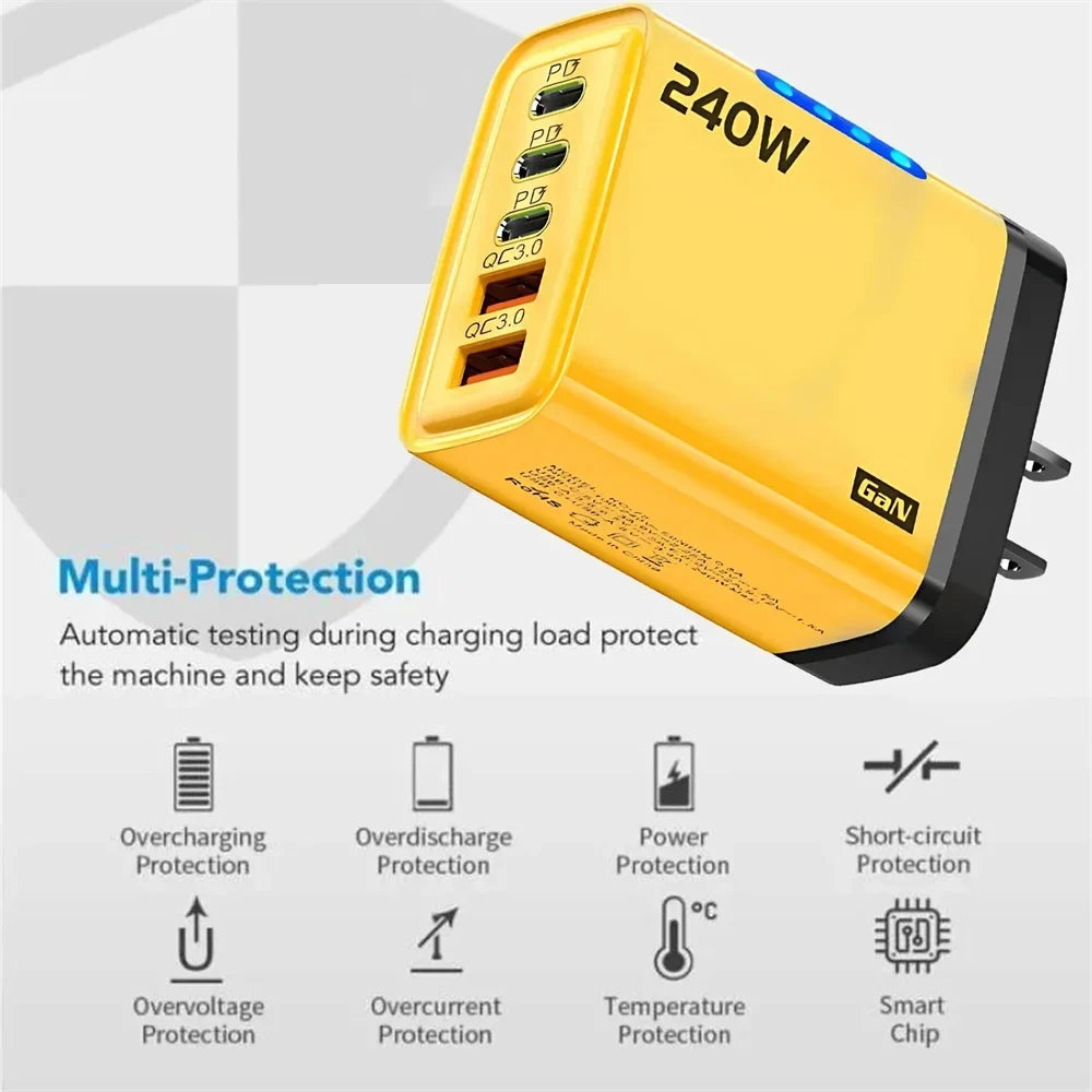 240W GaN 5-Port USB-C Fast Charger PD & QC 3.0 Wall Adapter
