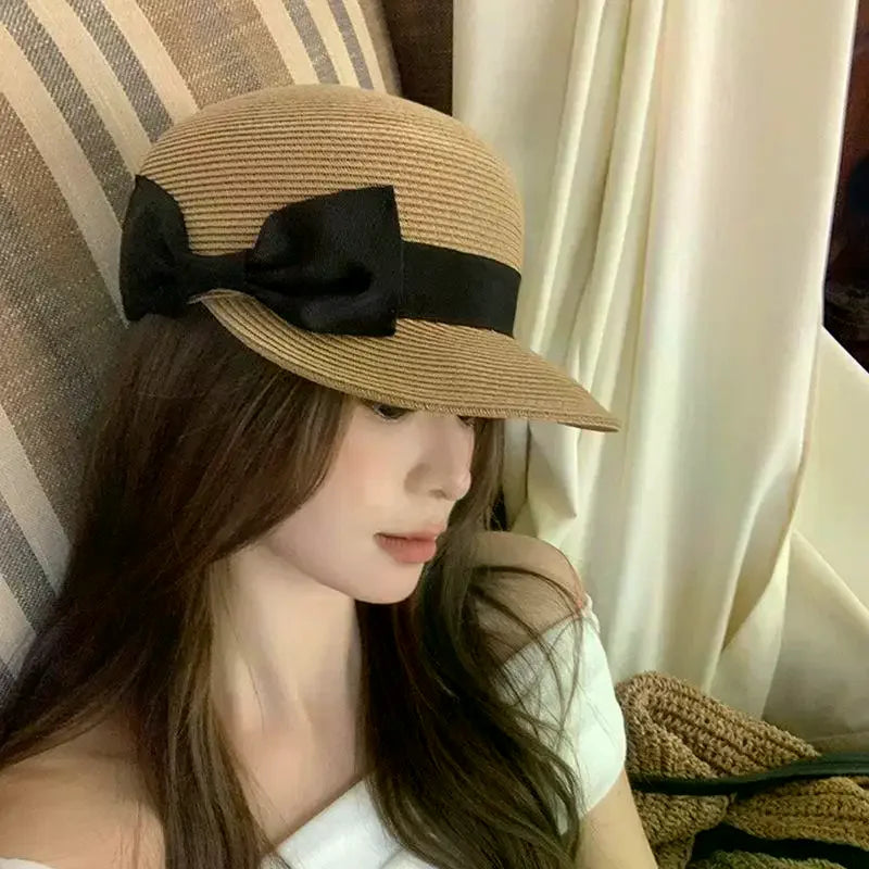 Women's Vintage Straw Sun Hat – French Flat Top Bow Beach Cap